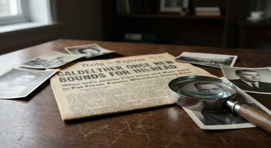 A dark wooden desk with an old newspaper featuring gibberish headlines, surrounded by scattered black-and-white photos