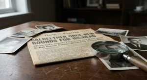 A dark wooden desk with an old newspaper featuring gibberish headlines, surrounded by scattered black-and-white photos