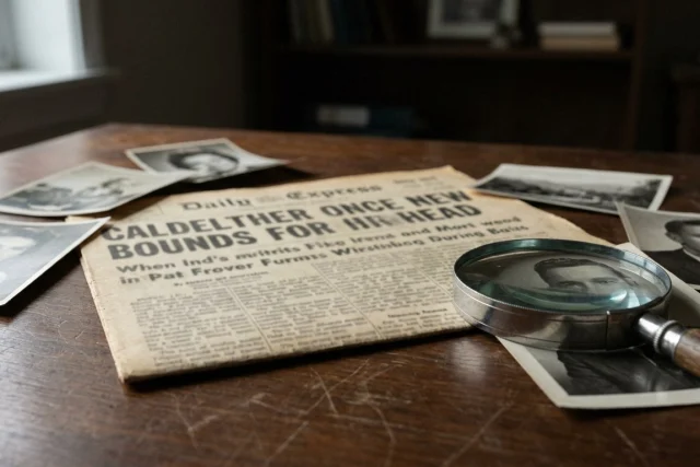 A dark wooden desk with an old newspaper featuring gibberish headlines, surrounded by scattered black-and-white photos